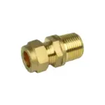 A close-up photo of a brass pipe fitting with a male thread on one end and a push-to-connect mechanism on the other end. The fitting is Brass colored.