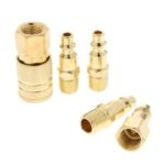 A set of five brass quick connectors with female threads on one end and push-to-connect mechanisms on the other ends. The connectors are silver colored.
