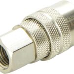A close-up photo of a silver metal quick connector with female threads on one end and a push-to-connect mechanism on the other end. The connector has a knurled grip on the push-to-connect part
