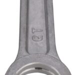 A close-up photo of a silver colored aluminum compressor connecting rod. It has a screw hole on one end and a bearing surface on the other end.