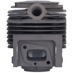A close-up photo of a silver metal INGCO S-BC-CYL-GBC31261 bush cutter cylinder with fins. The cylinder has a round bore in the center and a rectangular port on the side.