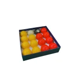 A box containing a full set of sixteen pool balls in various colors. The balls are arranged in a triangular pattern within the box. The box is white with a red Billiard Balls logo.