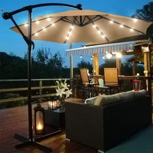 Umbrella, Cantilever Parasol With Metal Stand, 6 Ribs, With Solar Rechargable LED Light On Each Rib, Diameter-2.7M