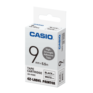 Casio XR-9GWE 9mm Black Ink White High-Strength Adhesive Tape Cartridge